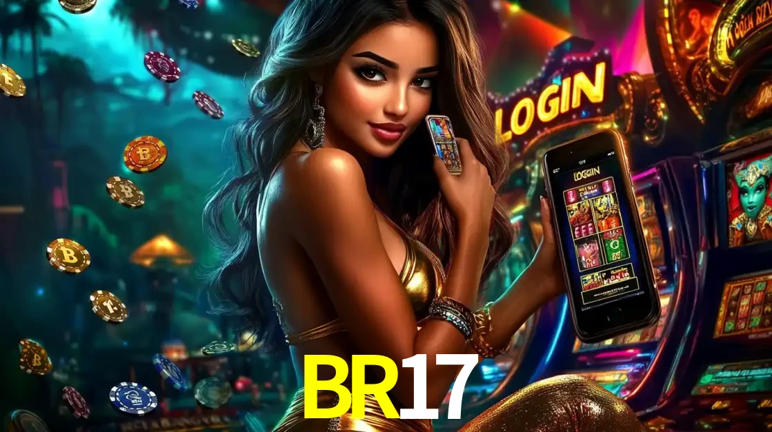 Mulher em um cenário de cassino temático de aventura, mostrando o app de caça-níqueis da BR17 no celular. Fichas de apostas flutuam ao redor.