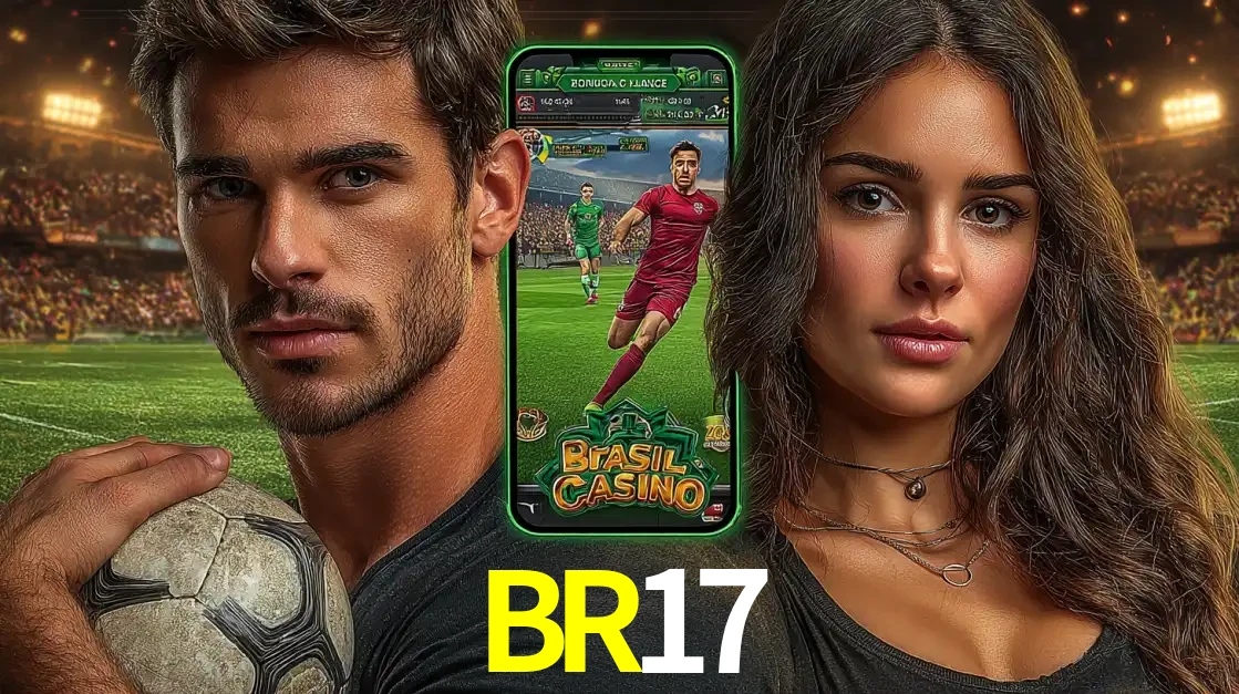 Homem segurando uma bola de futebol e uma mulher ao lado de um smartphone exibindo o jogo de apostas esportivas da BR17. Faça seu palpite no cassino online.